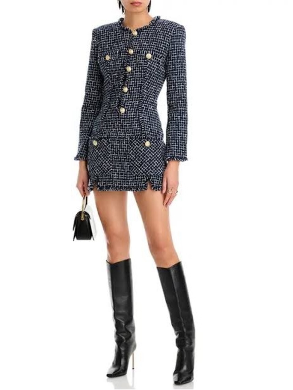 Navy Tweed Button-Front Mini Dress
